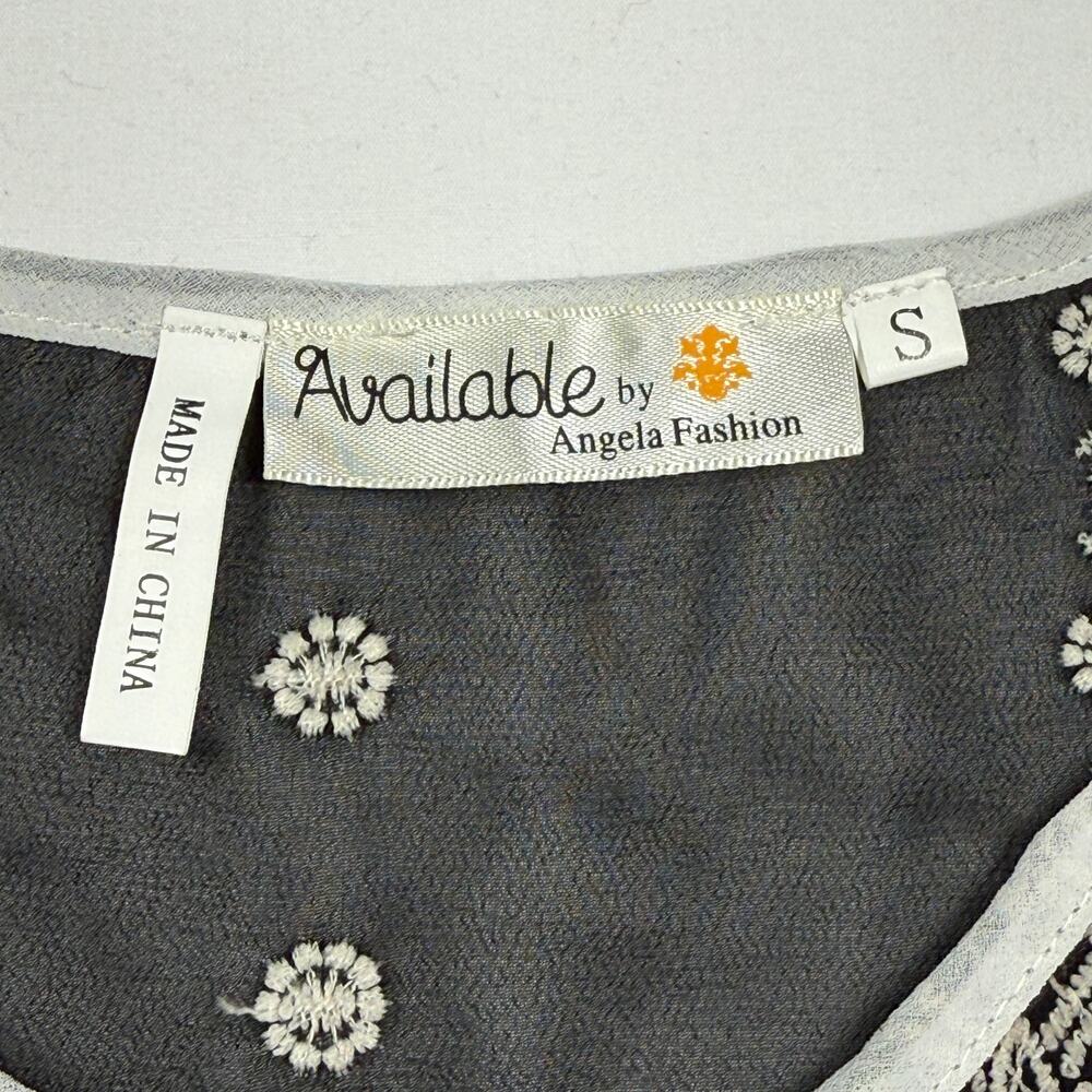 90s Black Floral Embroidered Tunic Shirt Sheer Bohemian Blouse Ethnic Size S - Picture 7 of 11